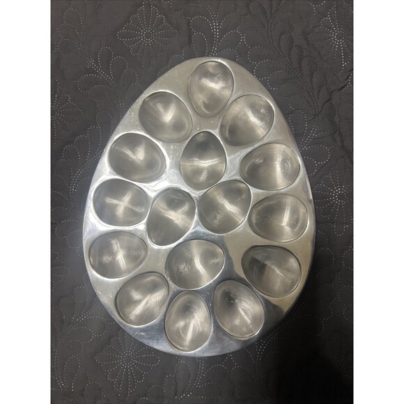 Mexican Pewter Large Oval Deviled Egg Plate Dish Holds 16 Eggs Serverware Dining - Picture 1 of 4